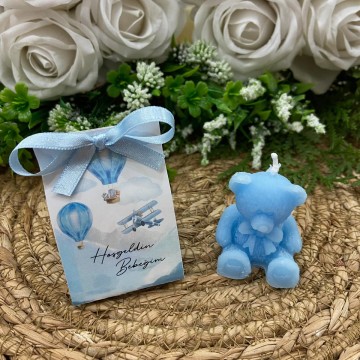 Mavi Ayıcık Mum Kart Süslemeli Bebek Hediyeliği