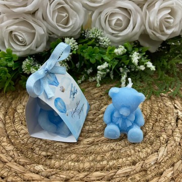 Mavi Ayıcık Mum Kart Süslemeli Bebek Hediyeliği