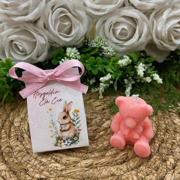 Pembe Ayıcık Mum Kart Süslemeli Bebek Hediyeliği