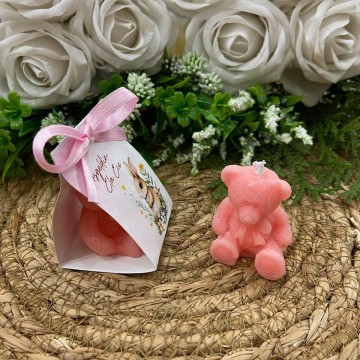 Pembe Ayıcık Mum Kart Süslemeli Bebek Hediyeliği