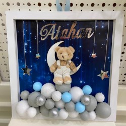 Ahşap Kare Bebek Kapı Süsü, Ayıcık Süslemeli, Pleksi İsimli