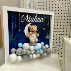 Ahşap Kare Bebek Kapı Süsü, Ayıcık Süslemeli, Pleksi İsimli